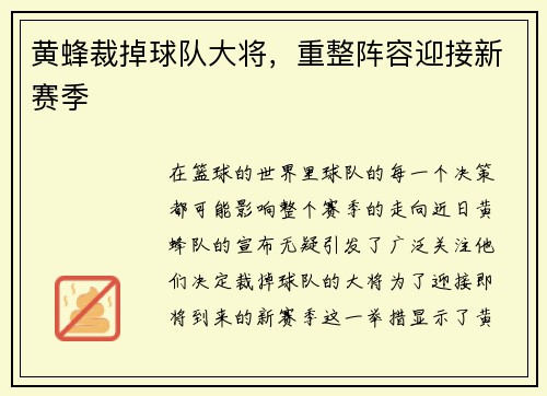 黄蜂裁掉球队大将，重整阵容迎接新赛季
